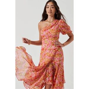 ASTR The Label Santorini Floral One Shoulder Midi Dress Large
